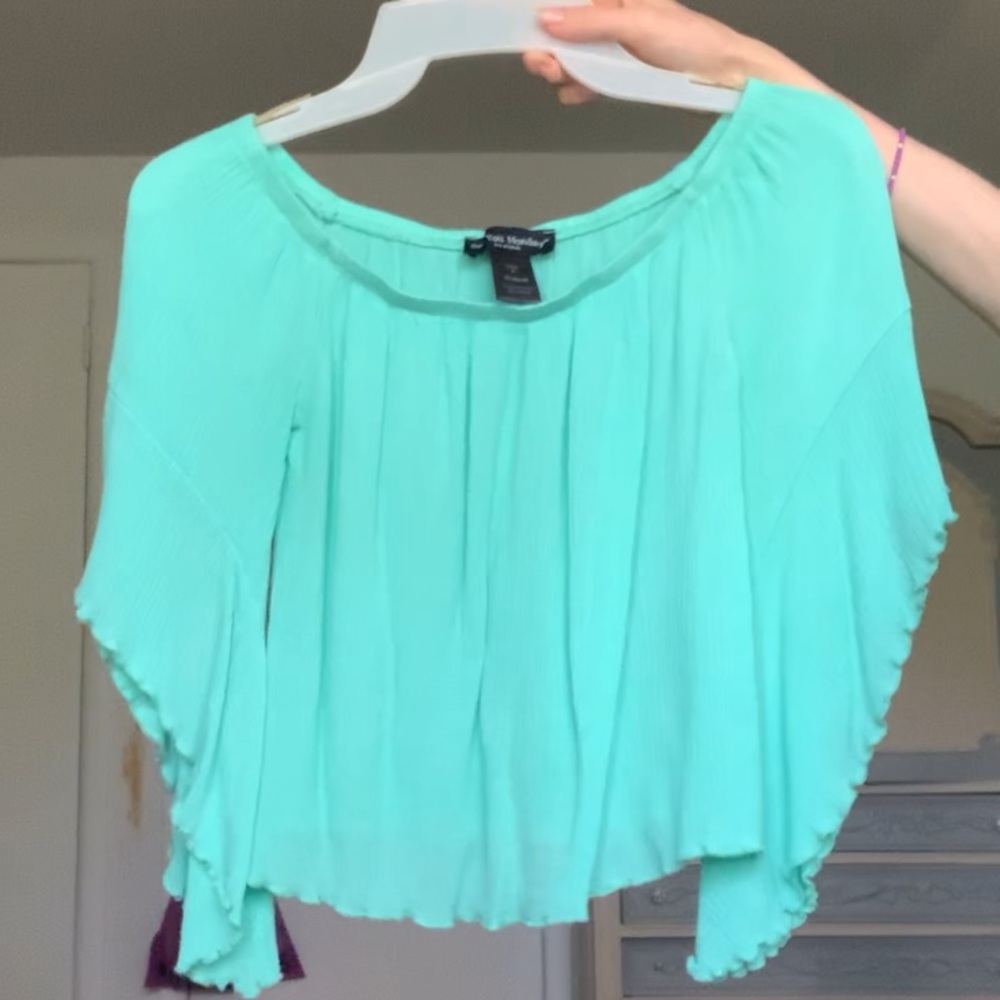 See You Monday Aqua Blue Long Sleeve Blouse NWOT
